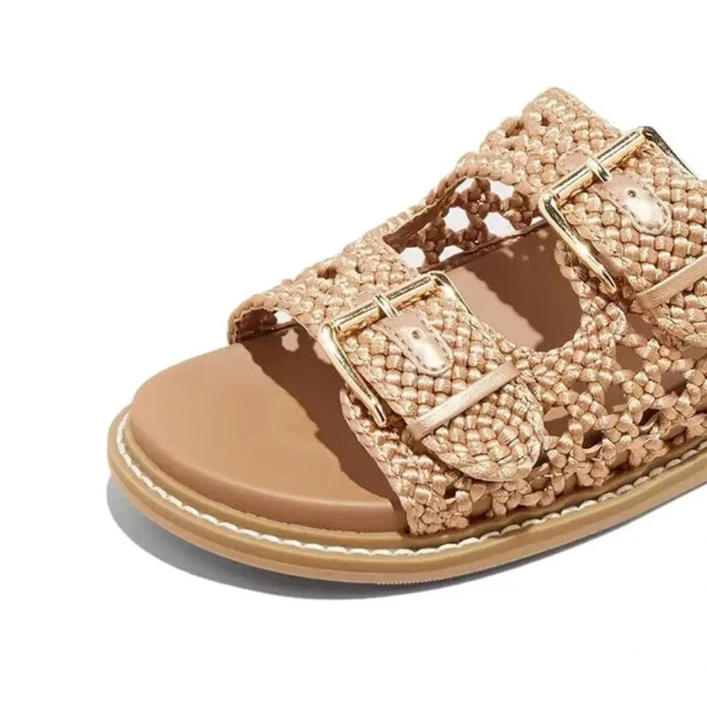 Tan Woven Slide Sandals Universal Thread Kylie 8.5 8 1/2 Two Band Shoes Spring - Picture 2 of 9